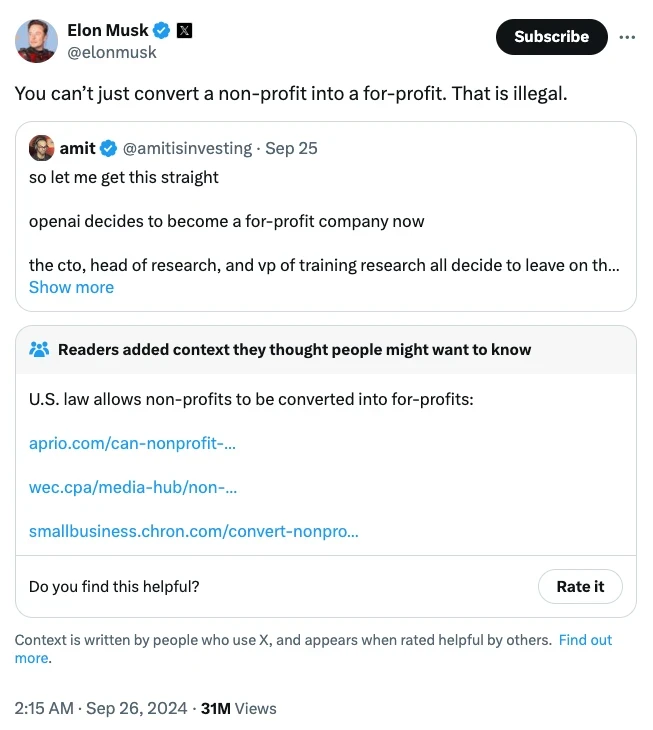 انتقاد ایلان ماسک از تغییر احتمالی ساختار OpenAI