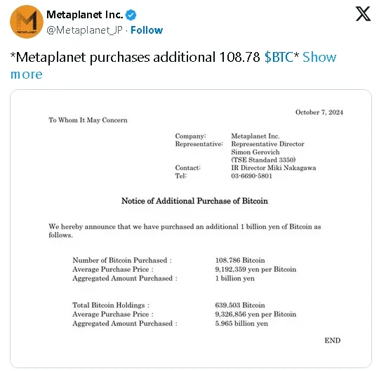 metaplanet سبد بیت کوین خود را به بیش از 630 عدد رساند