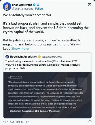 مدیرعامل Coinbase علیه قانون گذاری دیفای